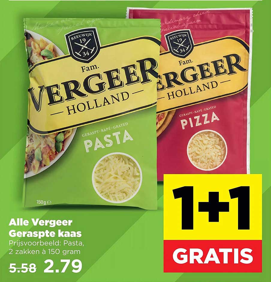 Alle Vergeer Geraspte kaas 1+1 GRATIS