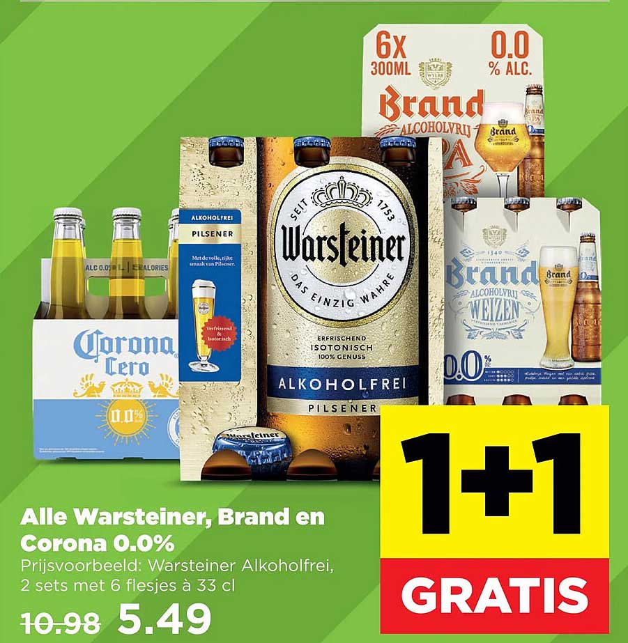 Alle Warsteiner, Brand en Corona 0.0% 1+1 GRATIS