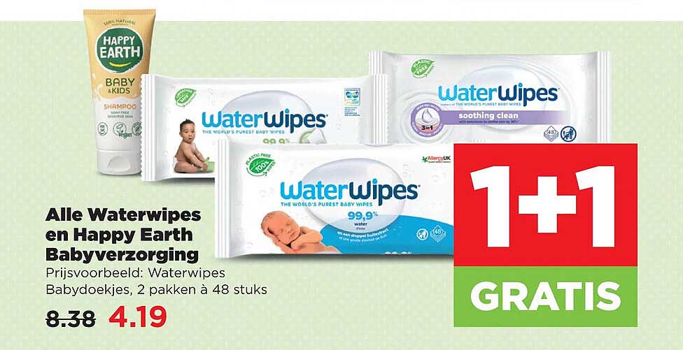 Alle Waterwipes en Happy Earth Babyverzorging 1+1 GRATIS