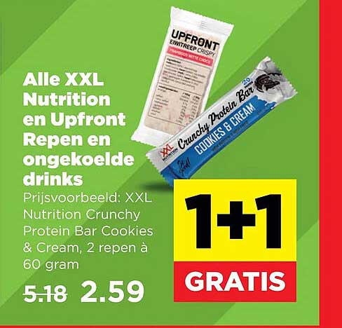 Alle XXL Nutrition en Upfront Repen en ongekoelde drinks 1+1 GRATIS