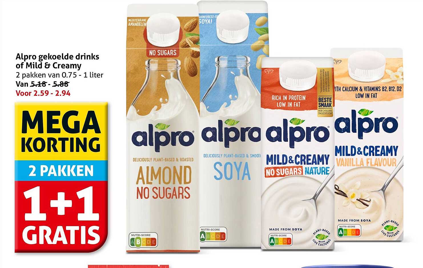 Alpro gekoelde drinks of Mild & Creamy 2 pakken van 0.75 - 1 liter 1+1 gratis