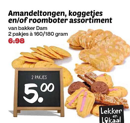 Amandeltongen, koggetjes en/of roomboter assortiment van bakker Dam 2 pakjes à 160/180 gram