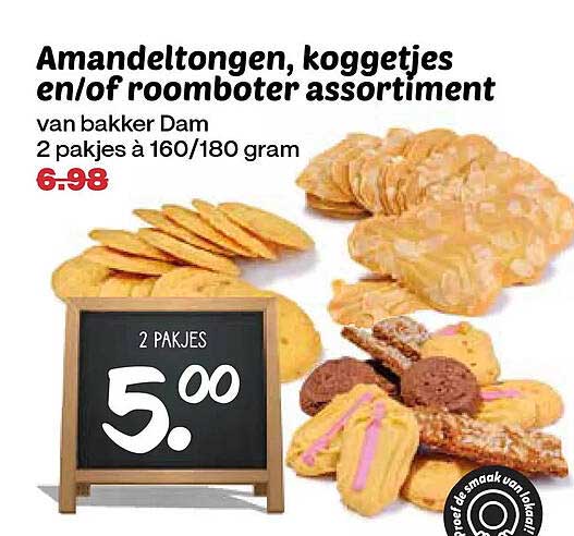Amandeltongen, koggetjes en/of roomboter assortiment van bakker Dam 2 pakjes à 160/180 gram
