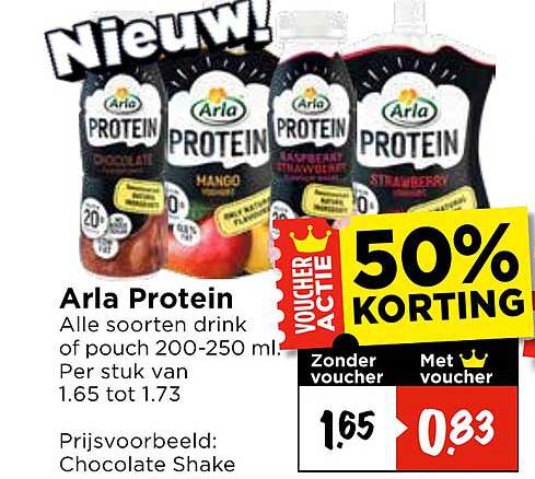 Arla Protein Alle soorten drink of pouch 200-250 ml. Per stuk van 1.65 tot 1.73 50% KORTING