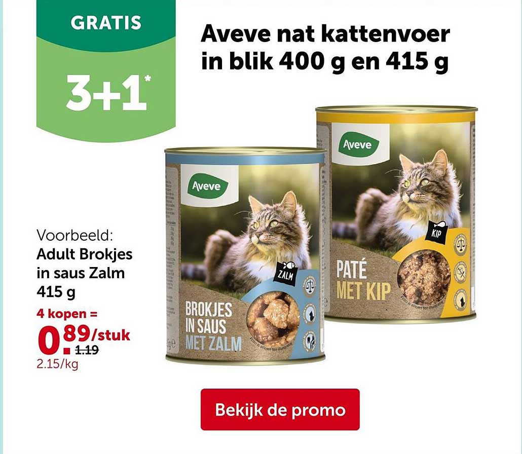 Aveve nat kattenvoer in blik 400 g en 415 g GRATIS 3+1