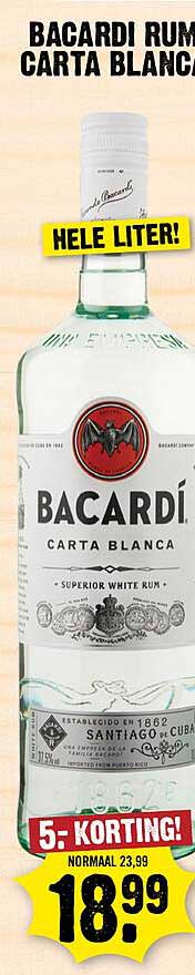 BACARDI RUM CARTA BLANCA HELE LITER! 5.- KORTING!