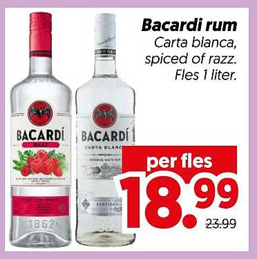 Bacardi rum Carta blanca, spiced of razz. Fles 1 liter. per fles