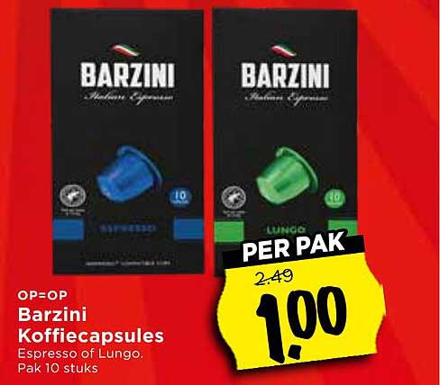 Barzini Koffiecapsules Espresso of Lungo, Pak 10 stuks
