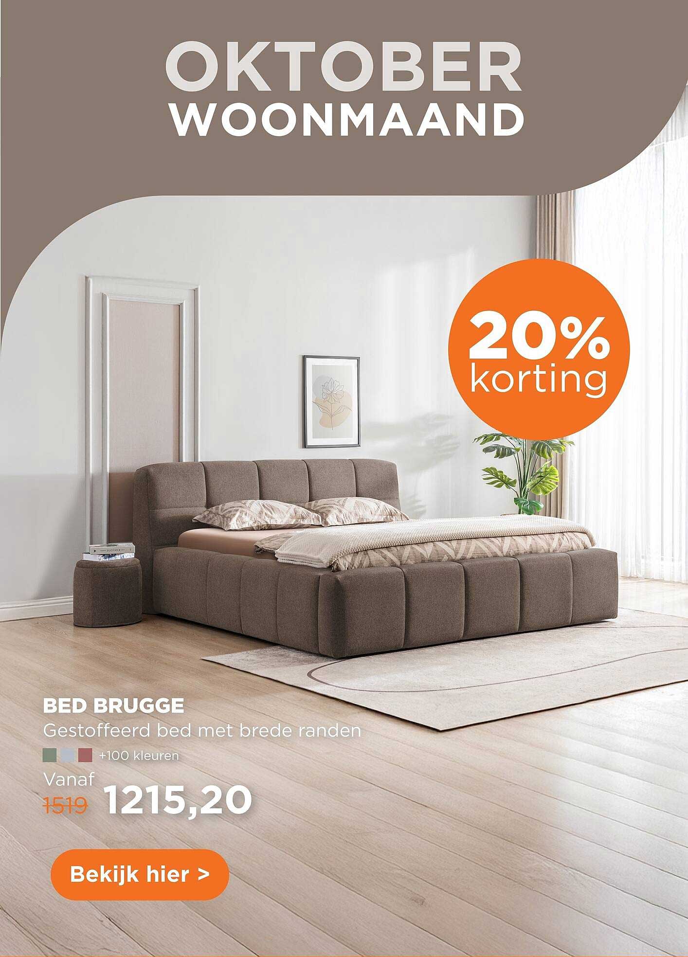 BED BRUGGE Gestoffeerd bed met brede randen 20% korting