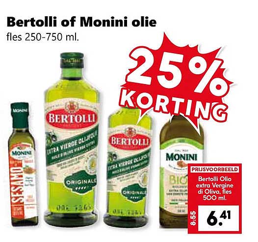 Bertolli of Monini olie fles 250-750 ml. 25% KORTING