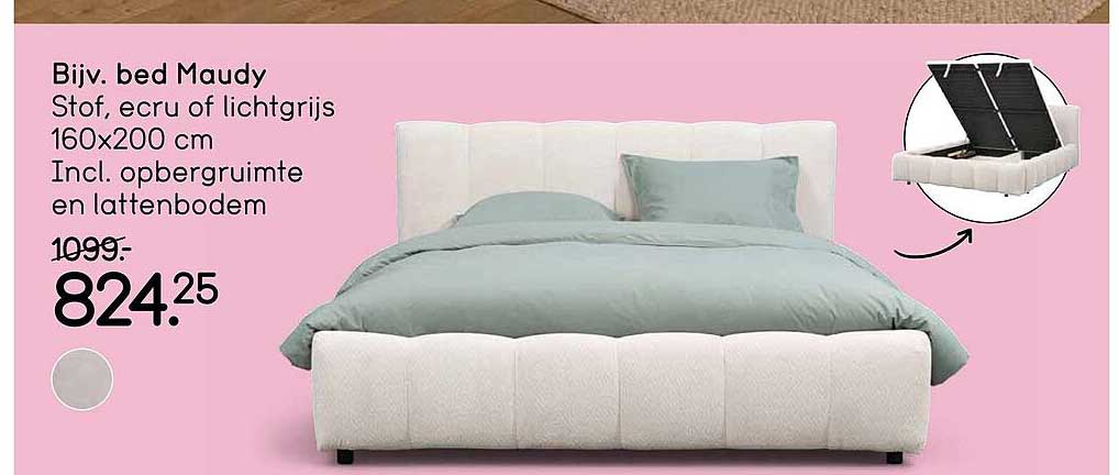 Bijv. bed Maudy Stof, ecru of lichtgrijs 160x200 cm Incl. opbergruimte en lattenbodem