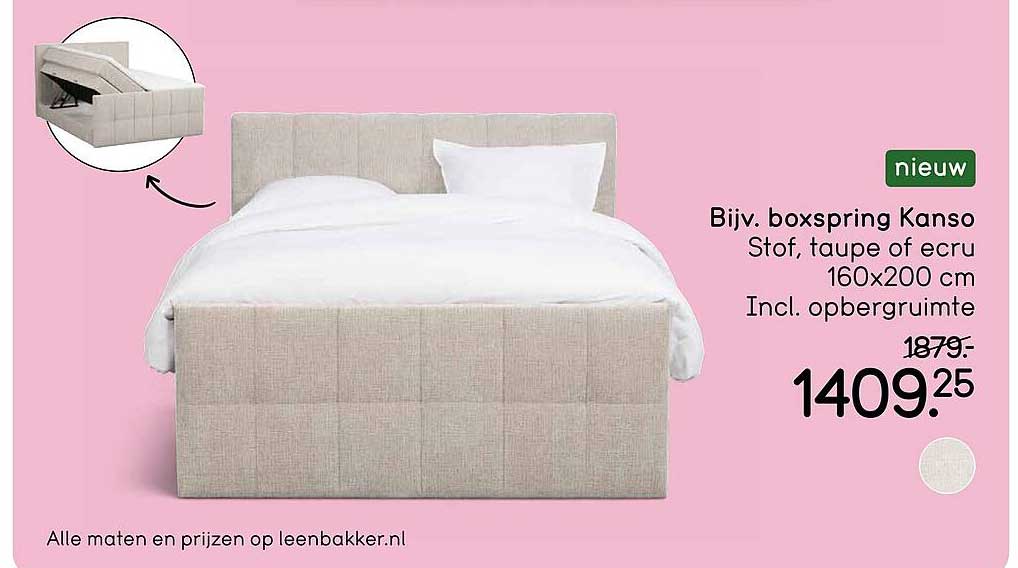Bijv. boxspring Kanso Stof, taupe of ecru 160x200 cm Incl. opbergruimte