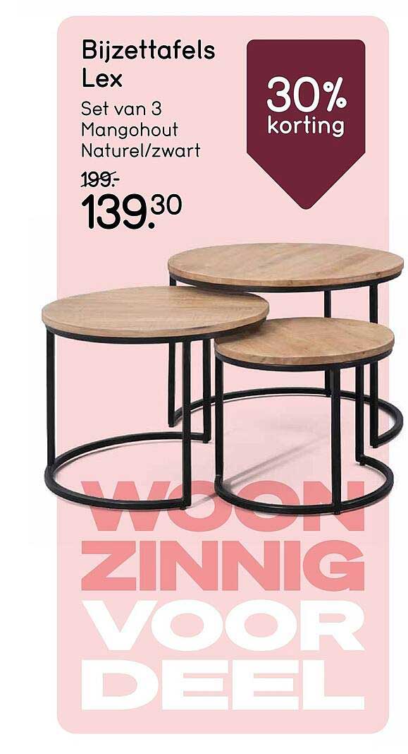Bijzettafels Lex Set van 3 Mangohout Naturel/zwart 30% korting