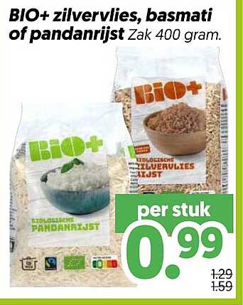 BIO+ zilvervlies, basmati of pandanrijst Zak 400 gram
