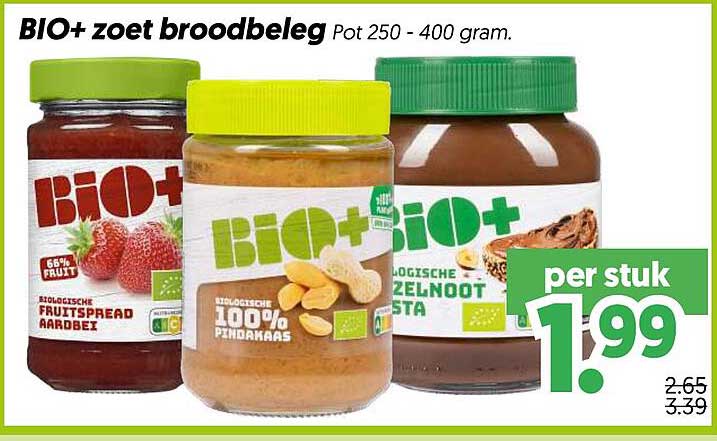 BIO+ zoet broodbeleg Pot 250 - 400 gram.