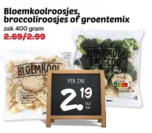 Bloemkoolroosjes, broccoliroosjes of groentemix zak 400 gram