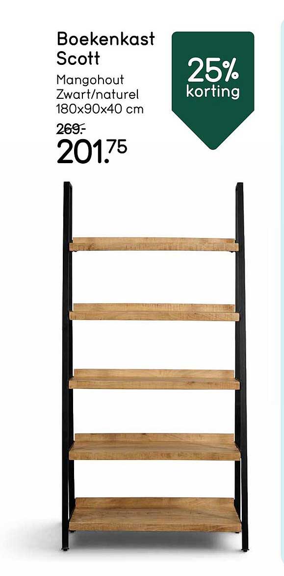 Boekenkast Scott Mangohout Zwart/naturel 180x90x40 cm 25% korting