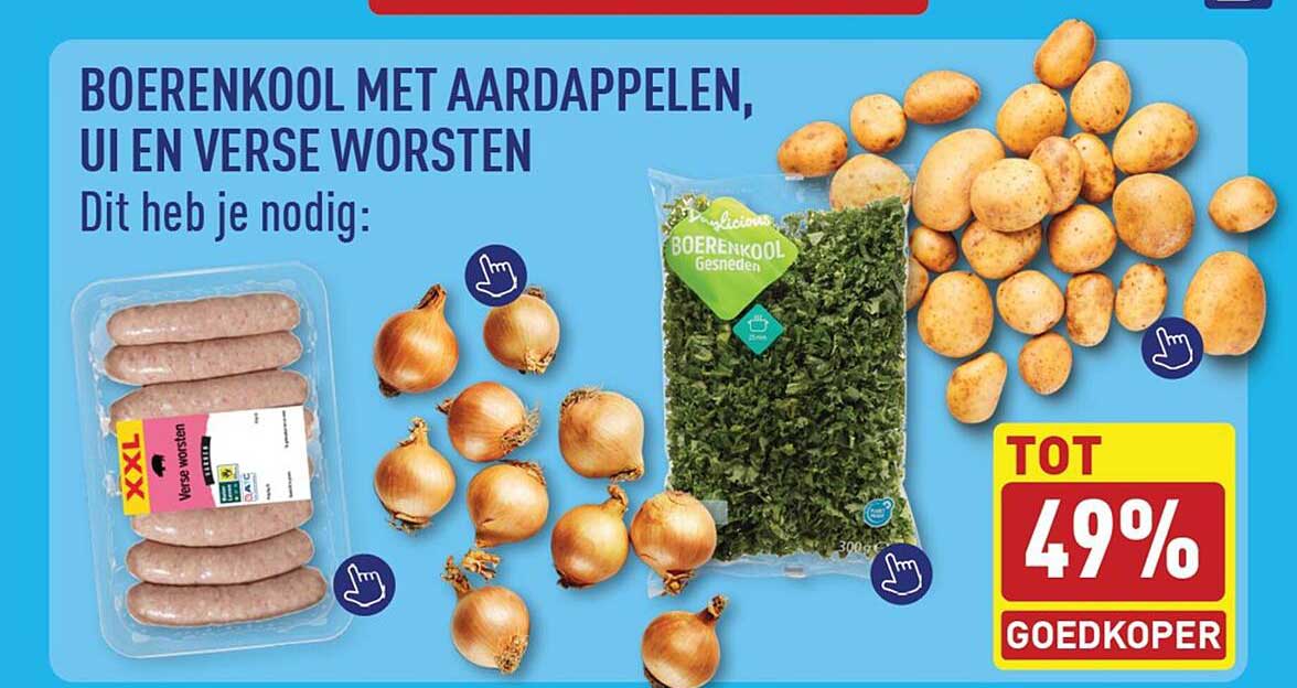 Boerenkool met aardappelen, ui en verse worsten
