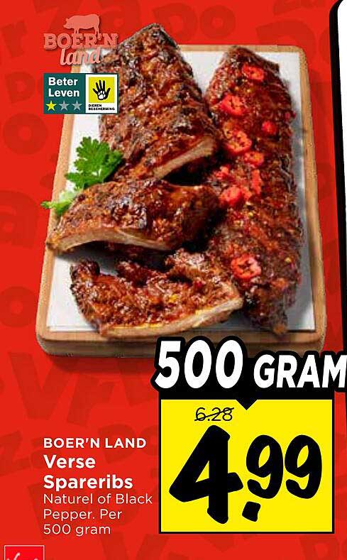BOER'N LAND Verse Spareribs Naturel of Black Pepper. Per 500 gram