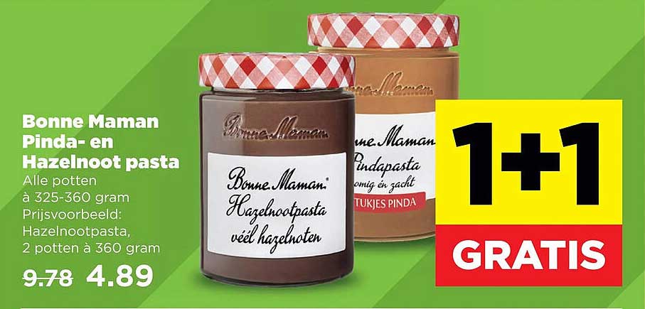 Bonne Maman Pinda- en Hazelnoot pasta 1+1 GRATIS