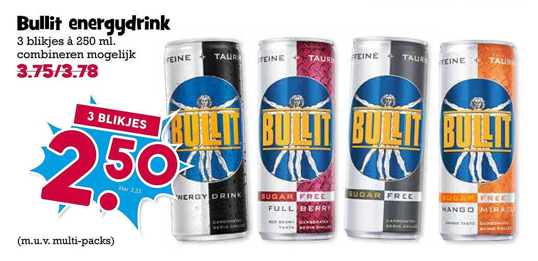 Bullit energydrink 3 blikjes à 250 ml combineren mogelijk