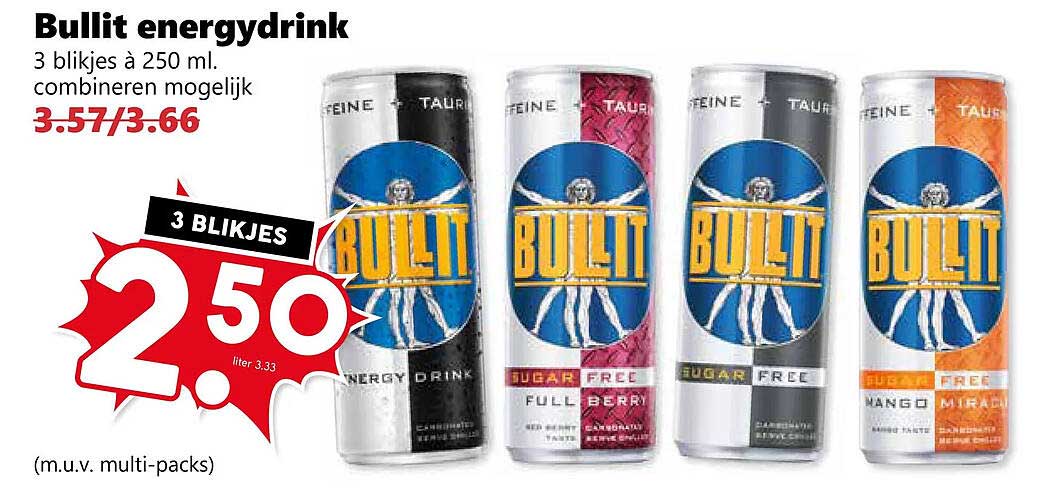 Bullit energydrink 3 blikjes à 250 ml combineren mogelijk