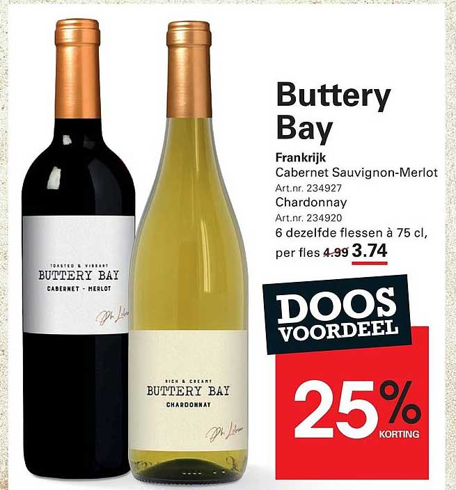 Buttery Bay Frankrijk Cabernet Sauvignon-Merlot Chardonnay Doos voordeel 25% korting
