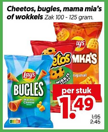 Cheetos, bugles, mama mia's of wokkels Zak 100 - 125 gram