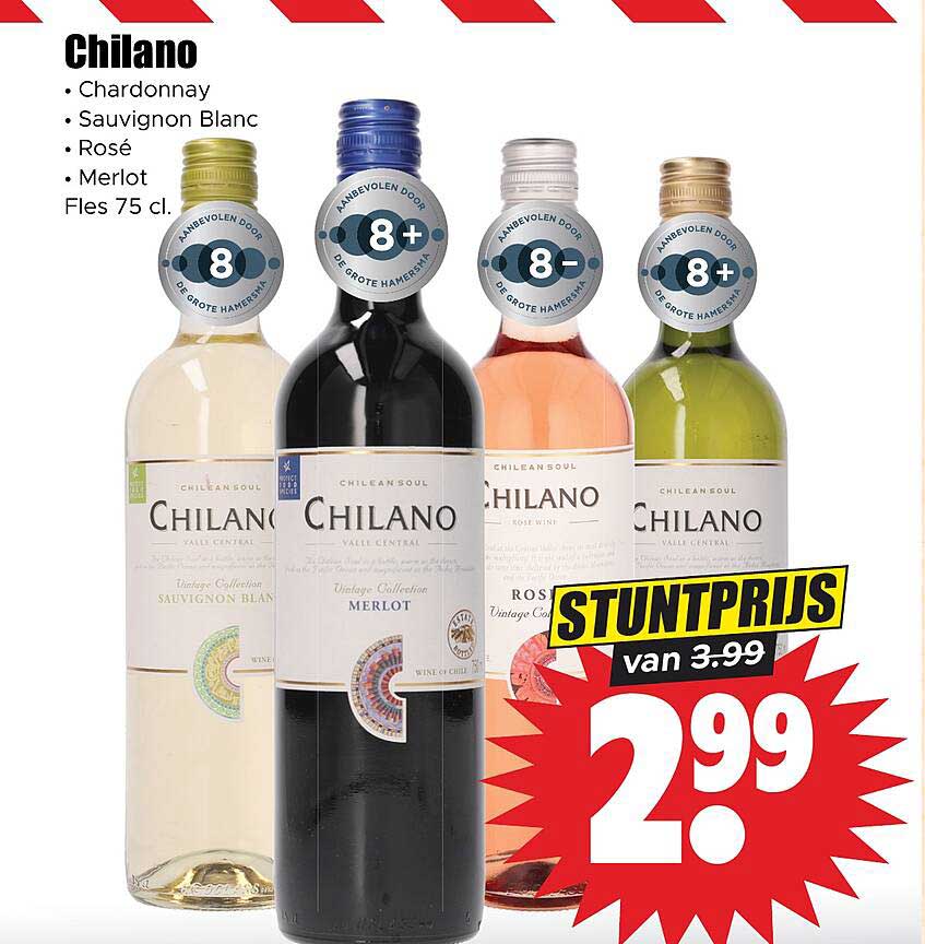 Chilano Chardonnay Sauvignon Blanc Rosé Merlot Fles 75 cl. STUNTPRIJS