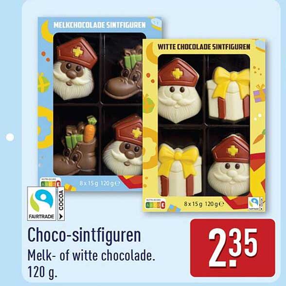 Choco-sintfiguren Melk- of witte chocolade. 120 g.