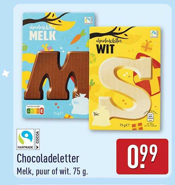 Chocoladeletter Melk, puur of wit. 75 g.