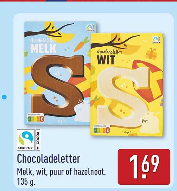 Chocoladeletter Melk, wit, puur of hazelnoot. 135 g.