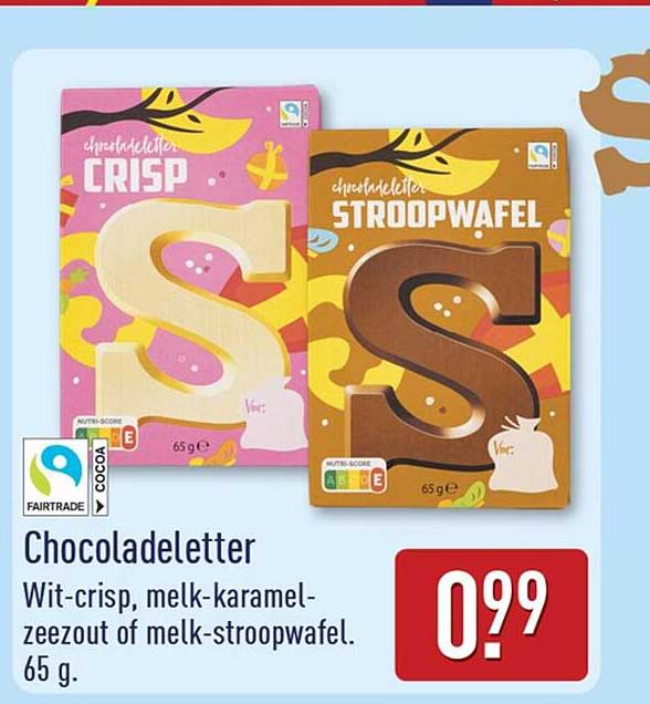 Chocoladeletter Wit-crisp, melk-karamel-zeezout of melk-stroopwafel. 65 g.