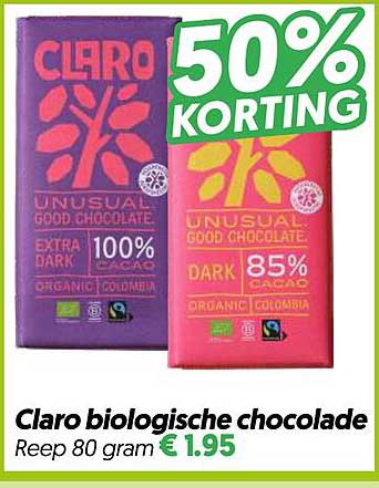 Claro biologische chocolade Reep 80 gram 50% KORTING