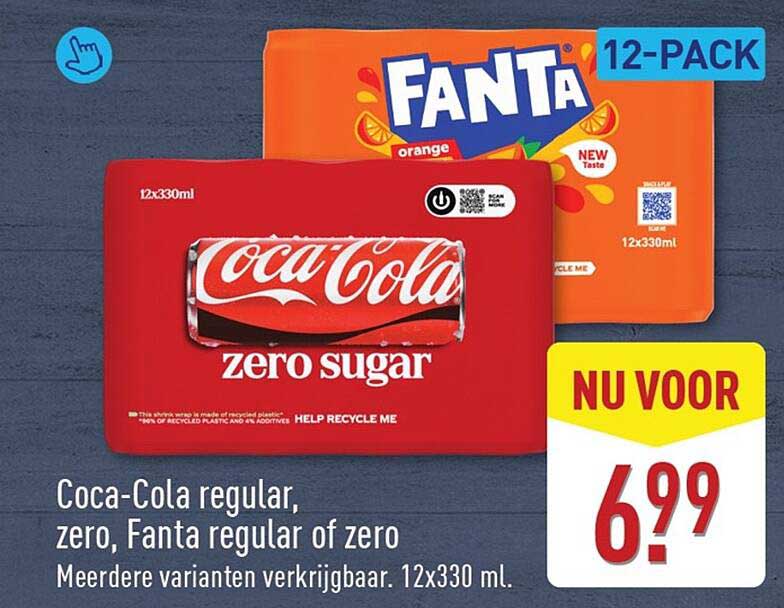 Coca-Cola regular, zero, Fanta regular of zero. Meerdere varianten verkrijgbaar. 12x330 ml.