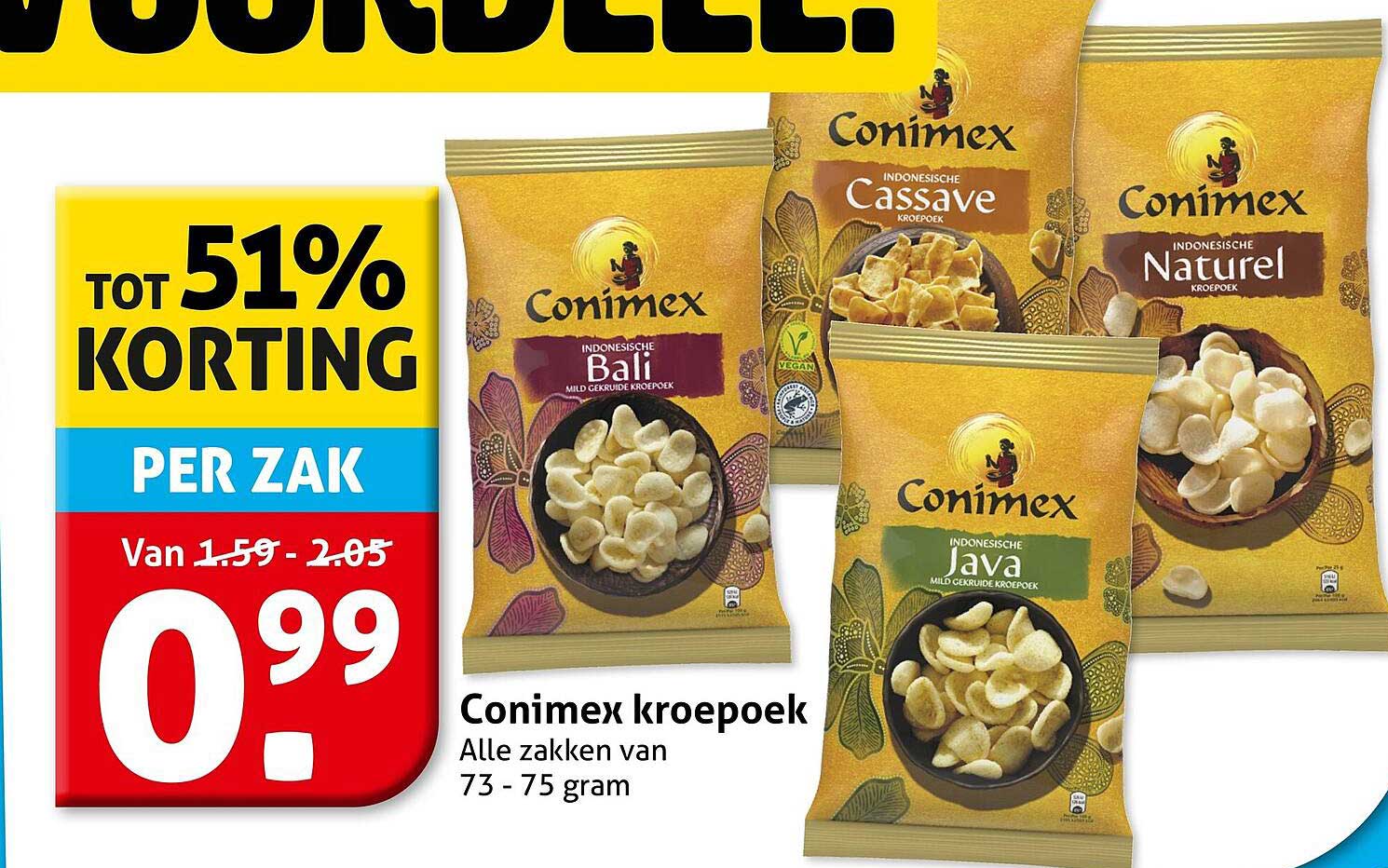 Conimex kroepoek alle zakken van 73 - 75 gram tot 51% korting per zak