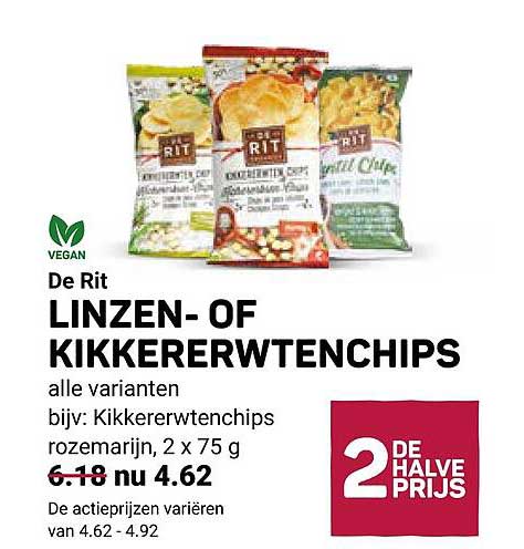 De Rit LINZEN- OF KIKKERERWTENCHIPS alle varianten bijv: Kikkererwtenchips rozemarijn, 2 x 75 g 2e halve prijs