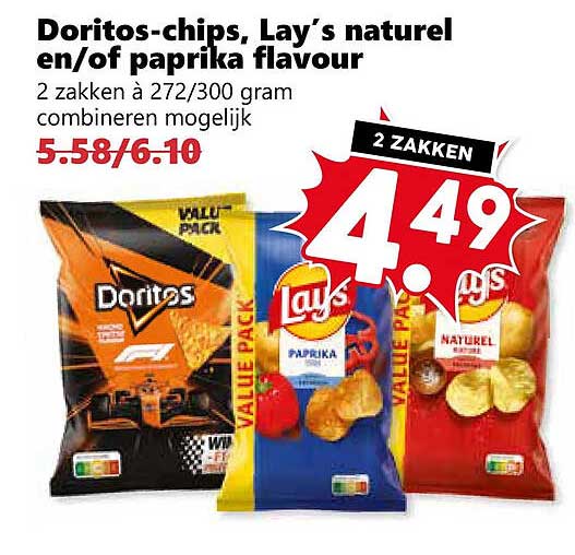 Doritos-chips, Lay’s naturel en/of paprika flavour 2 zakken
