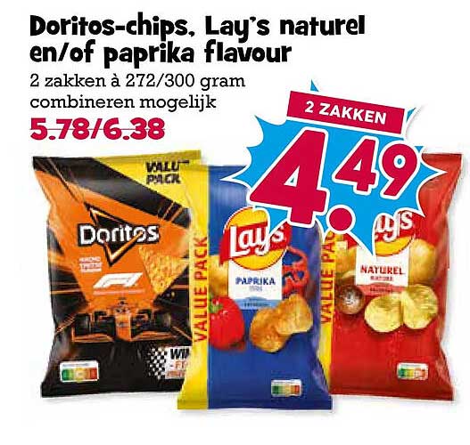 Doritos-chips, Lay’s naturel en/of paprika flavour 2 zakken à 272/300 gram combineren mogelijk 2 ZAKKEN