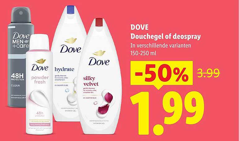 DOVE Douchegel of deodoray In verschillende varianten 150-250 ml -50%