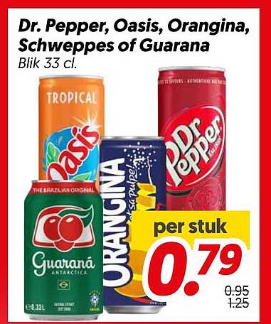 Dr. Pepper, Oasis, Orangina, Schweppes of Guarana Blik 33 cl.