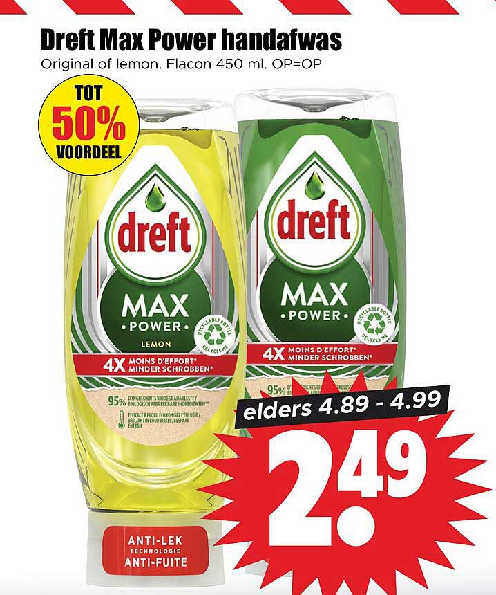 Dreft Max Power handafwas Original of lemon. Flacon 450 ml. OP=OP