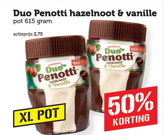 Duo Penotti hazelnoot & vanille pot 615 gram 50% KORTING