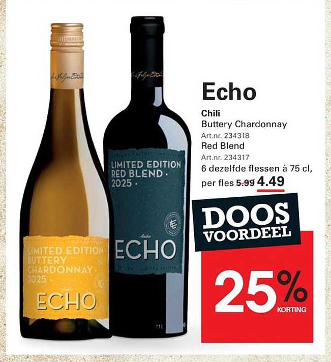Echo Chili Buttery Chardonnay Red Blend 6 dezelfde flessen à 75 cl, per fles 4.49 25% KORTING