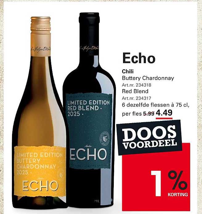 Echo Chili Buttery Chardonnay Red Blend 6 dezelfde flessen à 75 cl, per fles 5.99 4.49 DOOS VOORDEEL 1% KORTING