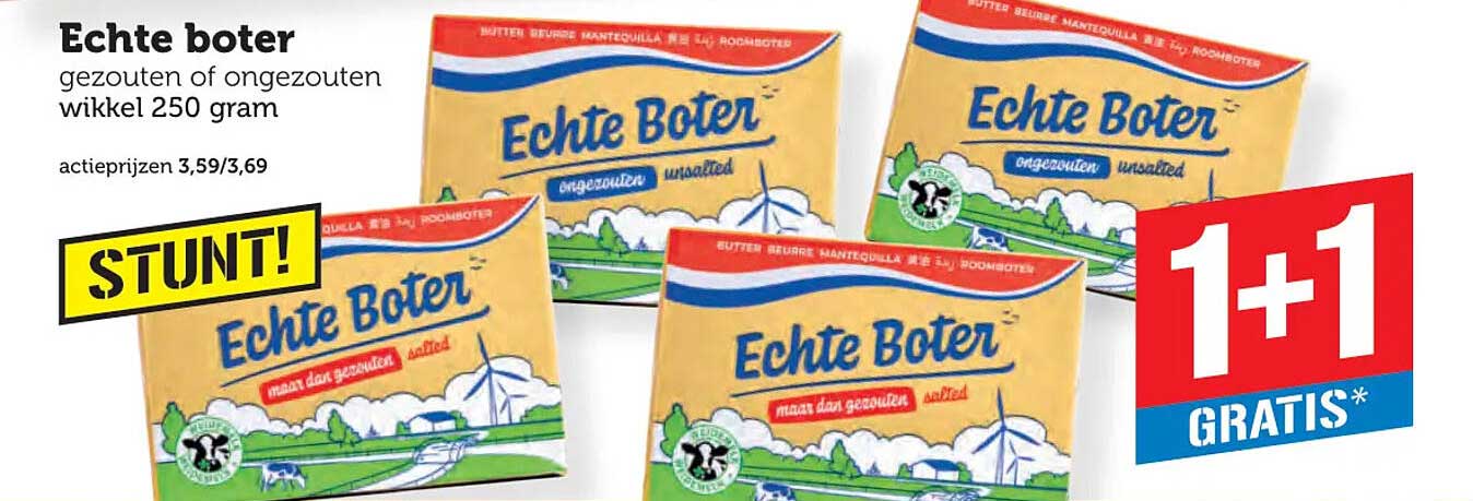 Echte boter gezouten of ongezouten wikkel 250 gram 1+1 GRATIS*
