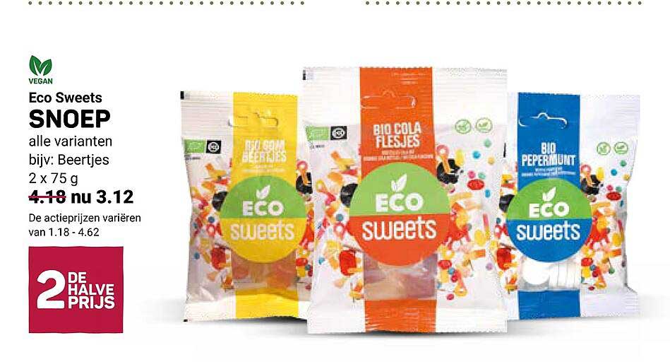 Eco Sweets SNOEP alle varianten bijv.: Beertjes 2 x 75 g 2e halve prijs