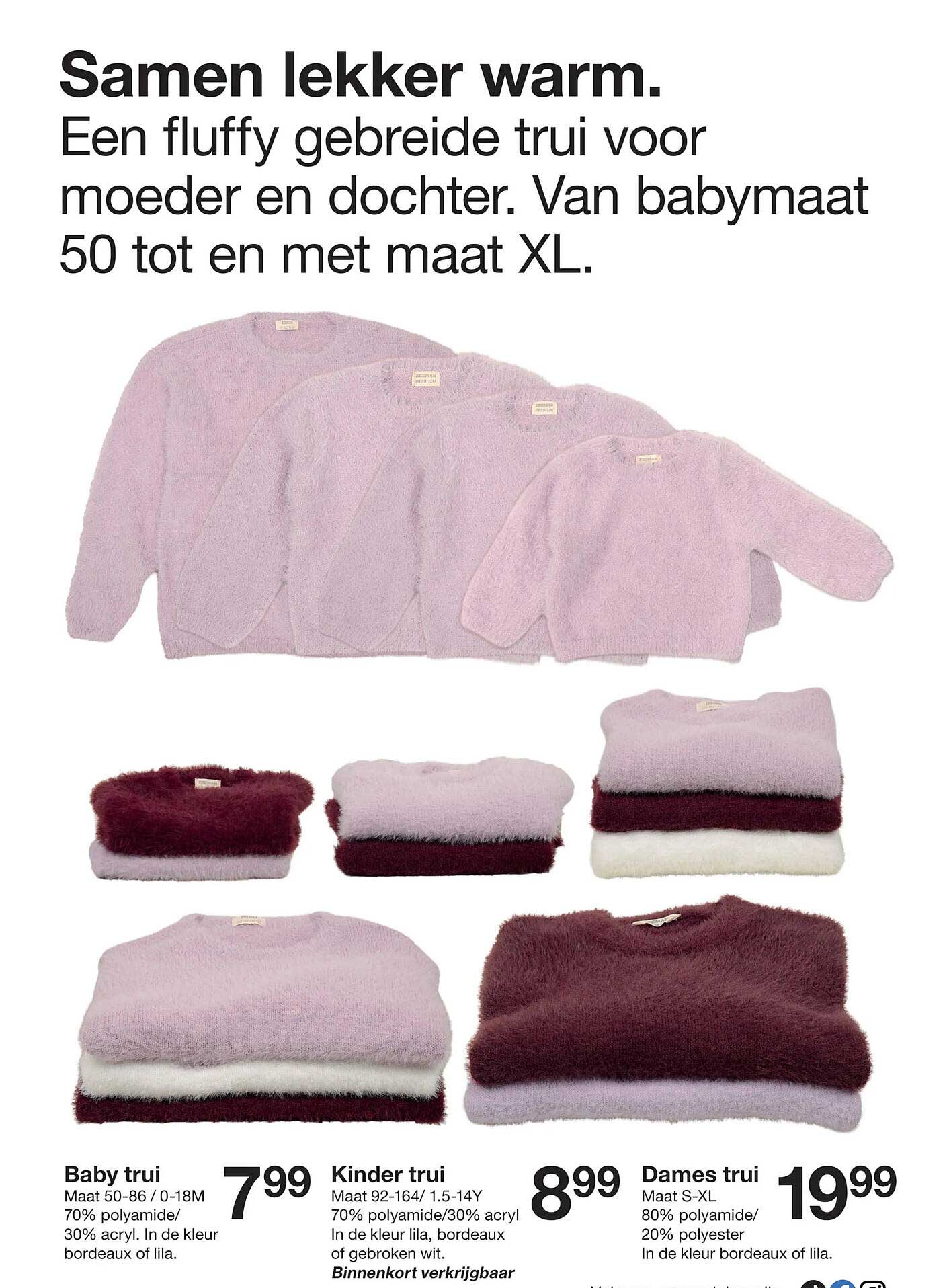 Een fluffy gebreide trui voor moeder en dochter. Van babymmaat 50 tot en met maat XL.