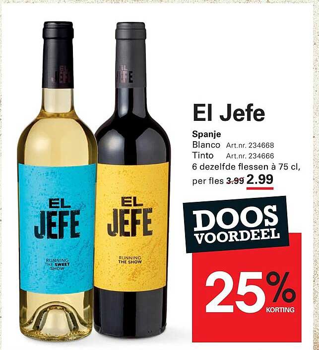El Jefe Spanje Blanco Tinto 6 dezelfde flessen á 75 cl, per fles 2.99 DOOS VOORDEEL 25% KORTING