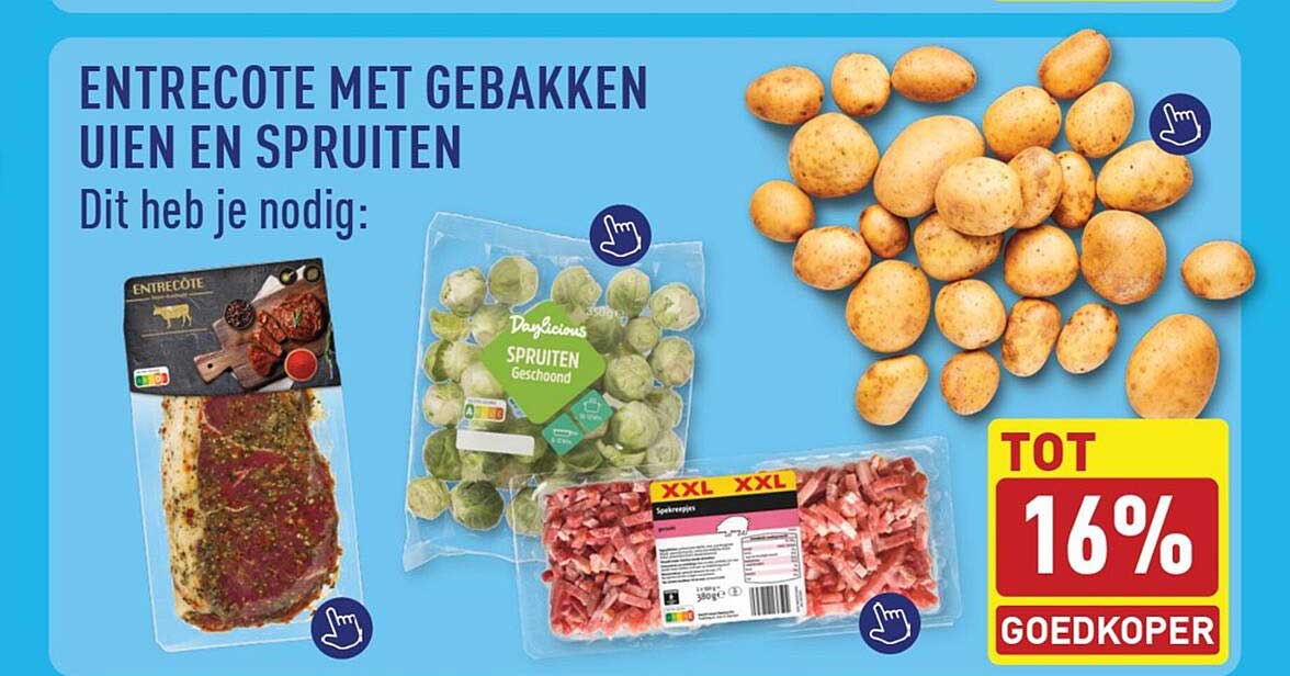 ENTRECOTE MET GEBAKKEN UIEN EN SPRUITEN TOT 16% GOEDKOPER